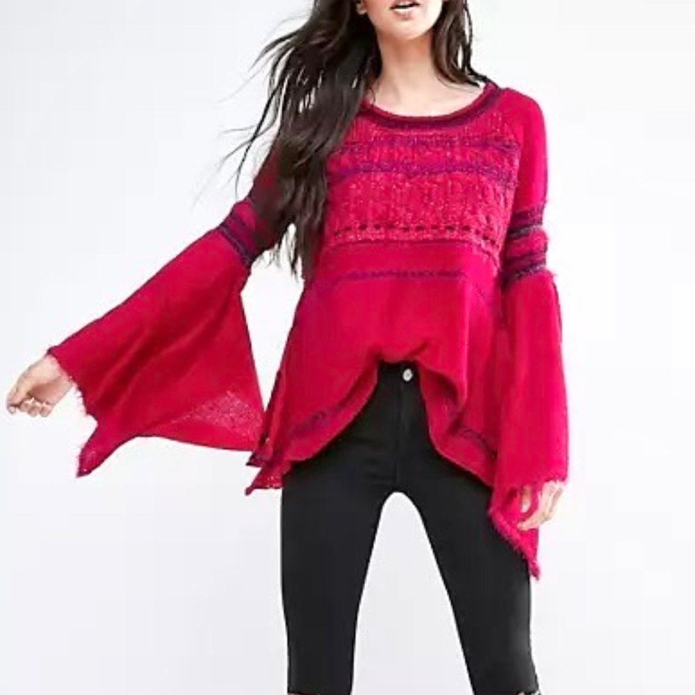 Free People Craft Time Boho Bell Sleeve Pink Sweater Alpaca Wool Mohair - Picture 2 of 9